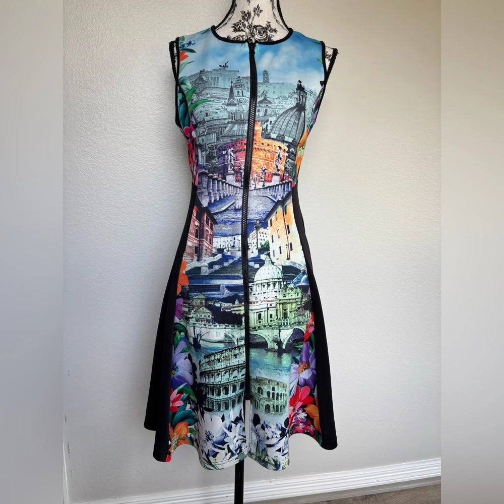 Just Love Multi-Color Scenic Print Midi Dress with Black Panels - Picture 2 of 15